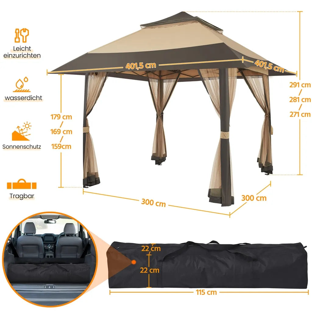 Yaheetech Partytent - 4 x 4 m - Inklapbaar - Tuinpaviljoen - Gaaswanden - Verstelbaar - 271-291 cm - Khaki/Bruin