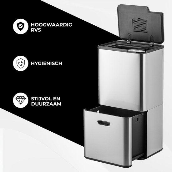 Bayt Prullenbak 60 Liter - Vuilnisbak 60 Liter - Prullenbak Afvalscheiding - 2 Compartimenten - RVS - Zilver