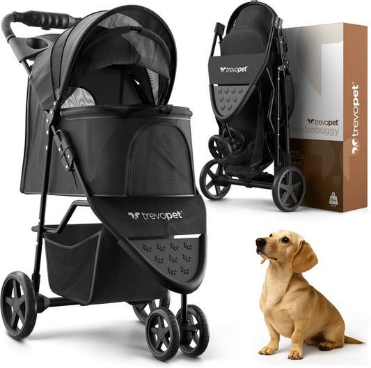 TrevoPet® Inklapbare Hondenbuggy - Voor Kleine en Middelgrote Honden tot 15 kg - Waterafstotend met Bekerhouder, Opbergmand - Zwart