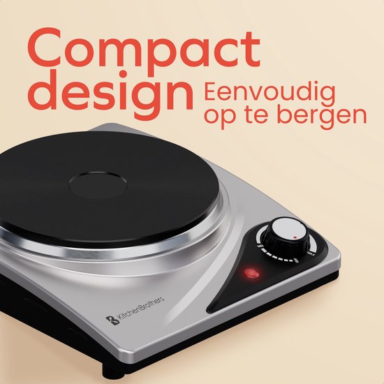 KitchenBrothers Elektrische Kookplaat - 1 Pits - Vrijstaand - 7 temperatuurstanden - 1500W - RVS/Zwart