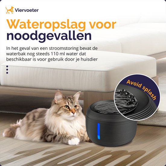 Viervoeter Premium Drinkfontein - Ronde waterfontein voor Katten en Honden - 2,5L - Dieren Drinkbak - geruisloos - Incl. 2 filters - Zwart