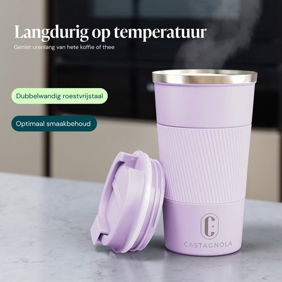 Castagnola Thermosbeker - Koffiebeker To Go - Travel Mug voor Koffie en Thee - Theebeker - 510 ML - RVS - Lichtpaars