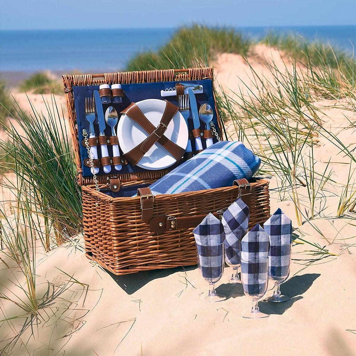 LifeGoods Picknickmand - 29-Delige Set met Picknickkleed - 4 Personen - PU-leer