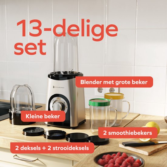 KitchenBrothers Smoothie Blender - 2-in-1 - Blender om mee te nemen - 4 Bekers - Smoothie Maker om mee te nemen - Mini Blender - Zilver