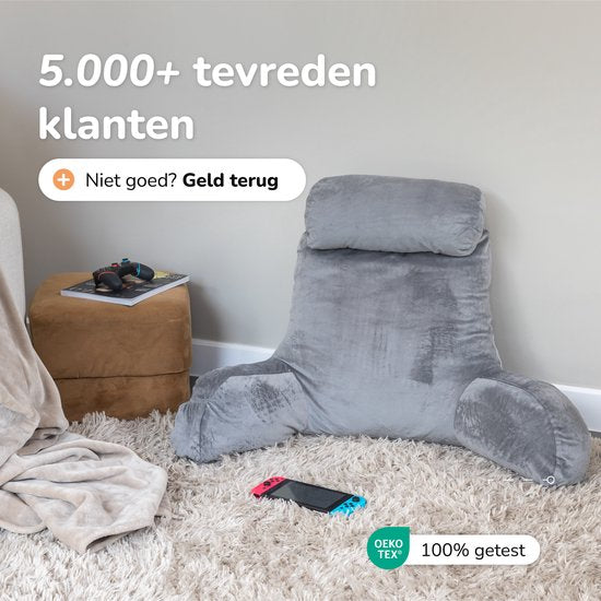 Leeskussen voor in bed - Goede houding in bed - Met 3 opbergvakken - Rugkussen voor onderrug - Bookseat voor bank - Grijs - Soft & Silky