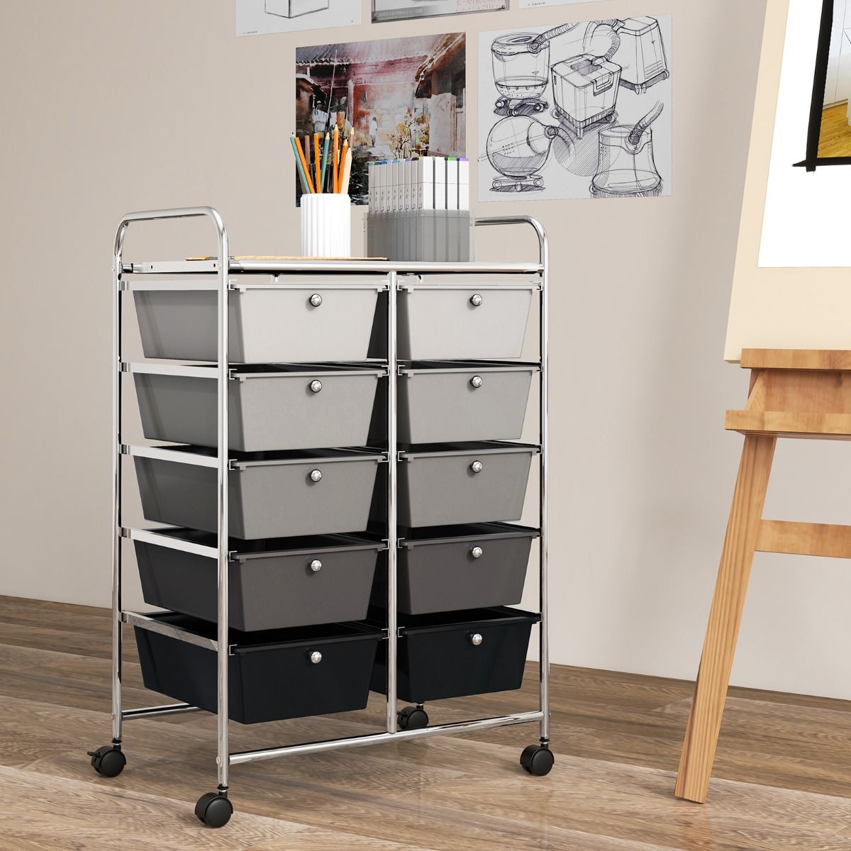 Coast Opbergwagen met 10 lades - metalen frame - vergrendelbare wielen - zwart en grijs