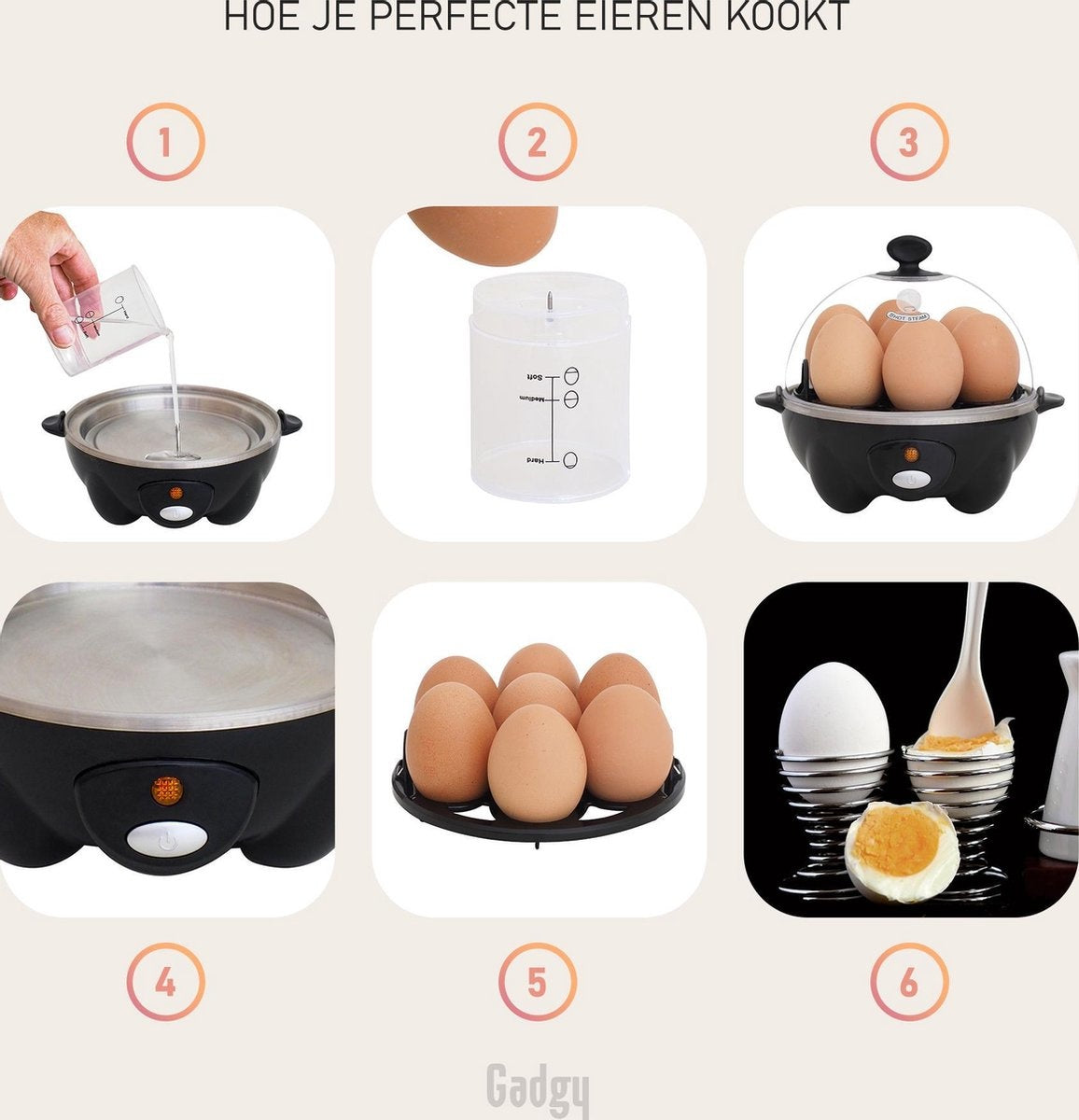 Gadgy Eierkoker Elektrisch 3-delige set - Vaatwasbestendig - Inclusief Maatbeker - Zwart -  330 Watt - 18.7x18.7x16 cm