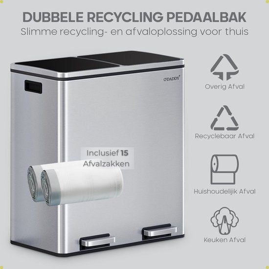 O'DADDY® Prullenbak - Afvalemmer – Duo Bin – 60 Liter – Soft-close – 58,6 x 32 x 65 cm – 2 Binnenemmers / Vakken - Afvalbak - Pedaalemmer 60L - Prullenmand - Vuilnisbak - Afvalscheiding Vuilbak – Inclusief 15 Afvalzakken – Elegant Zilver