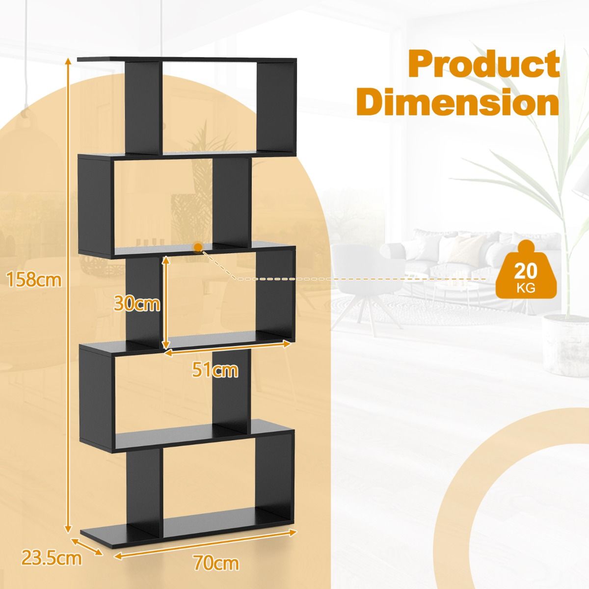 Coast Boekenkast S-vorm - 5 niveaus - anti-kantel opbergmeubel - zwart - 70 x 23,5 x 158 cm