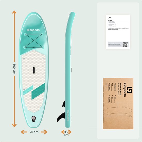 LifeGoods SUP Board Allround Compact - 100 KG Draagkracht - 300 x 76 cm - Opblaasbaar - Compleet SUP pakket - Mintgroen
