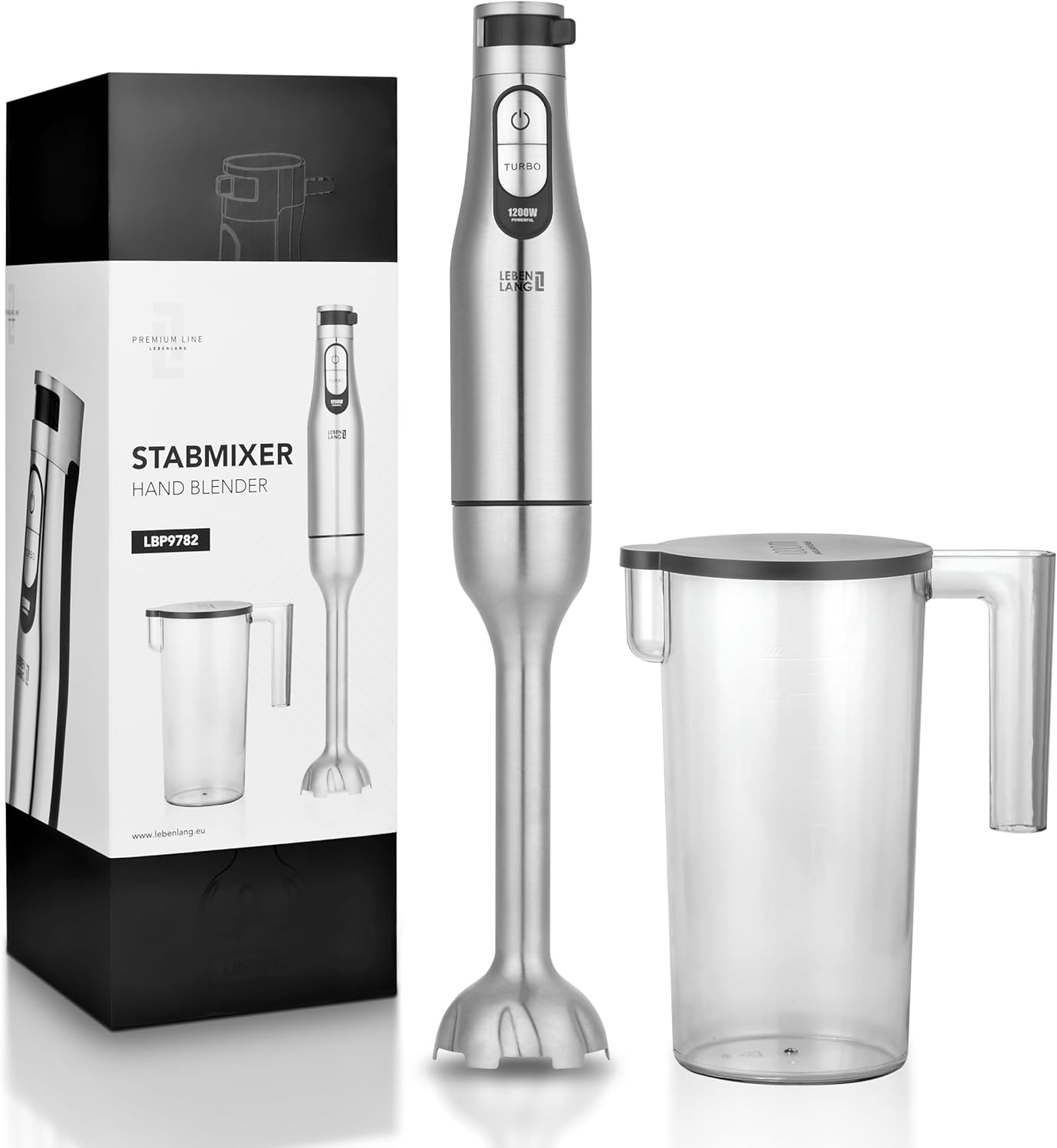 LEBENLANG - Premium Staafmixer 1200W – Roestvrij Staal – Incl. 1000ml Maatbeker, Spatbescherming & Turbo-functie – Traploos Verstelbaar – BPA-vrij
