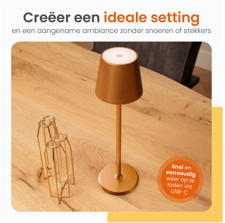 Goliving Tafellamp Oplaadbaar – Draadloos en dimbaar – Moderne touch lamp – Nachtlamp Slaapkamer – 38 cm – Goud