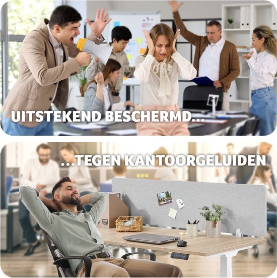 tectake® Bureauscherm scheidingswand Noisy - Met geluidsabsorberende PET-kern - Inclusief 2 bevestigingsklemmen - Afmeting (LxB) 160 x 40 cm - Grijs