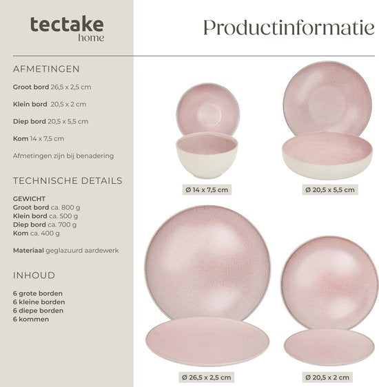 tectake® Serviesset Mare - 24-delig - Aardewerk met Glanzend Glazuur - 6 Persoons - Handgemaakt Servies - Moderne Bordenset met Grote en Kleine Borden, Kommen, Schaaltjes - Vaatwasser- en Magnetronbestendig - Roze