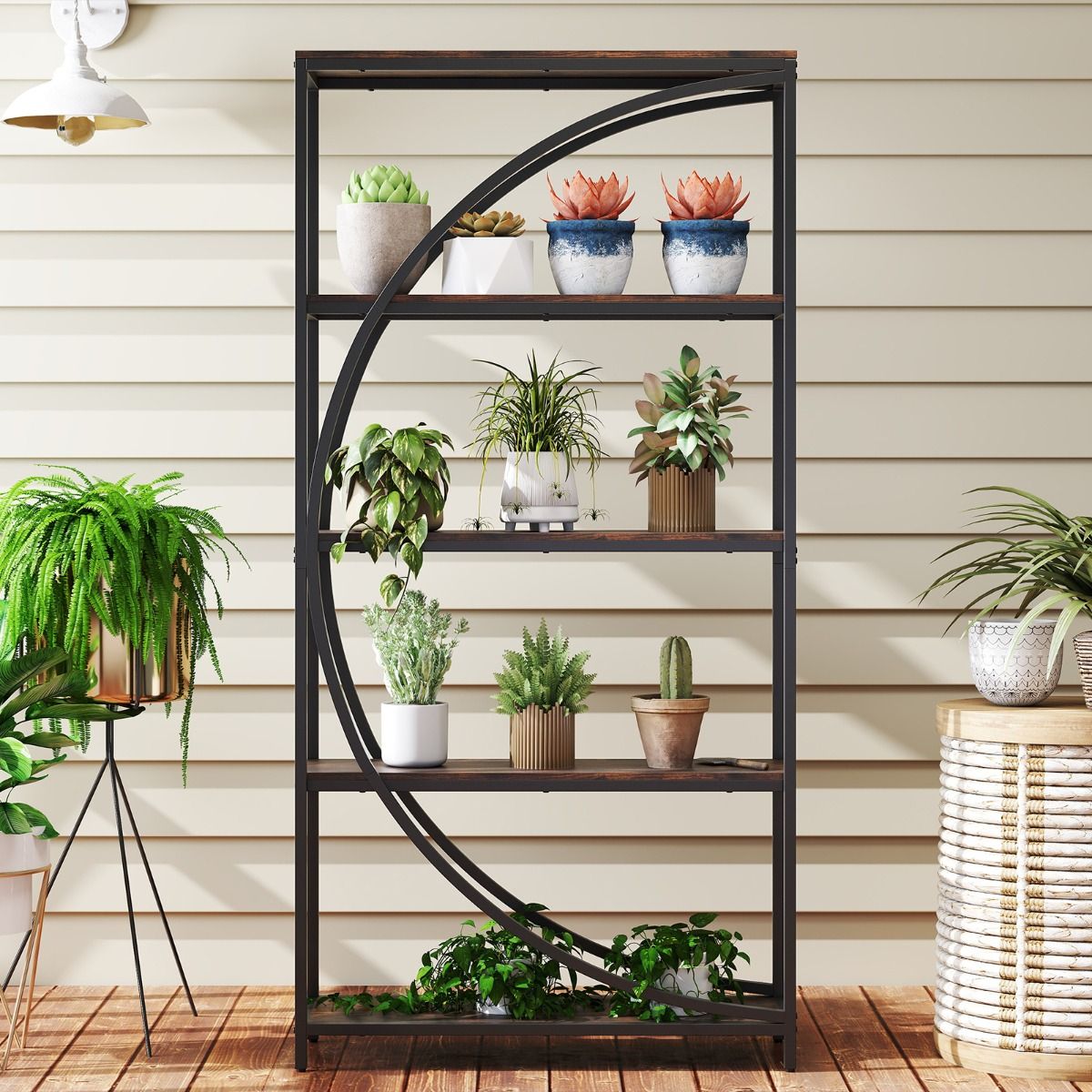 Coast Boekenkast met 5 Lagen - Gebogen Design - Metalen Frame - Bruin - 86 x 30 x 175 cm