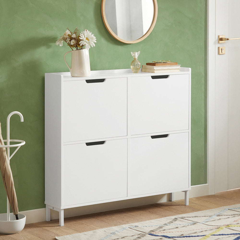 SoBuy Schoenenkast met 4 Kleppen – Schoenenopbergkast voor Hal of Entree – Wit – 100x19x91 cm