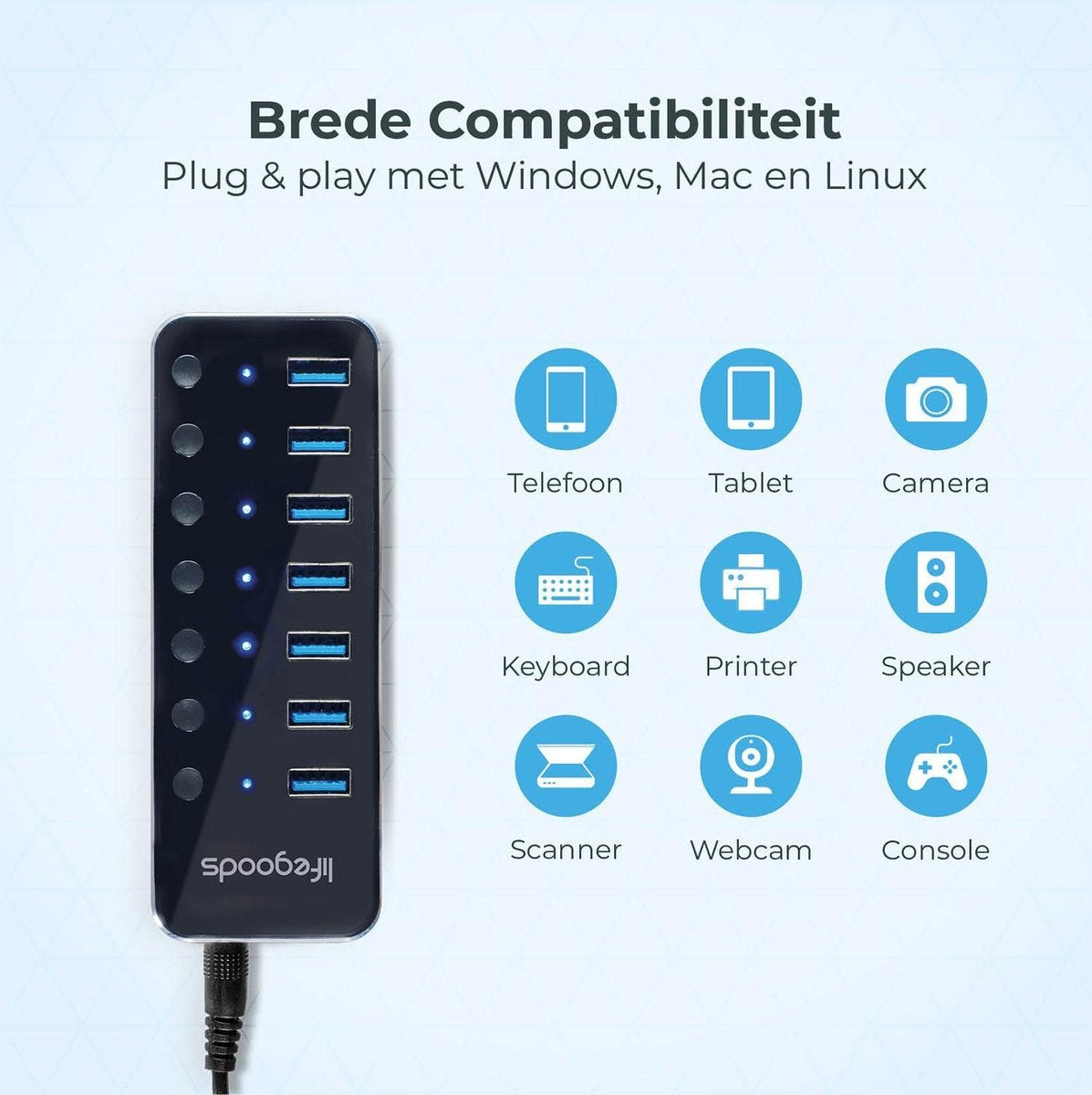 Auronic USB Hub 3.0 - USB Splitter met 7 Poorten - met Voeding - 5 GBPs - Led Indicatie - Zwart