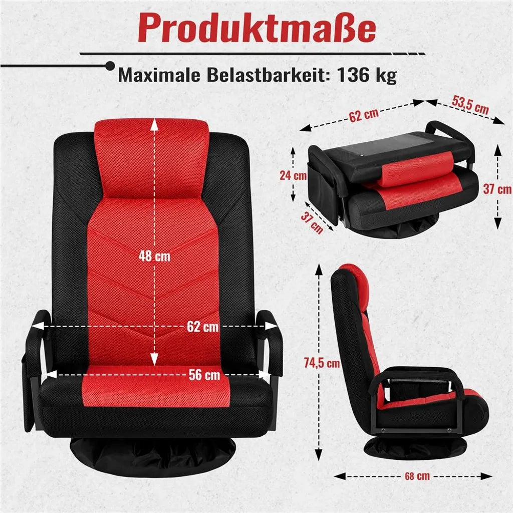 Yaheetech Draaibare Floor Gaming Chair – Verstelbare Game Stoel met Armleuningen en Zijvak