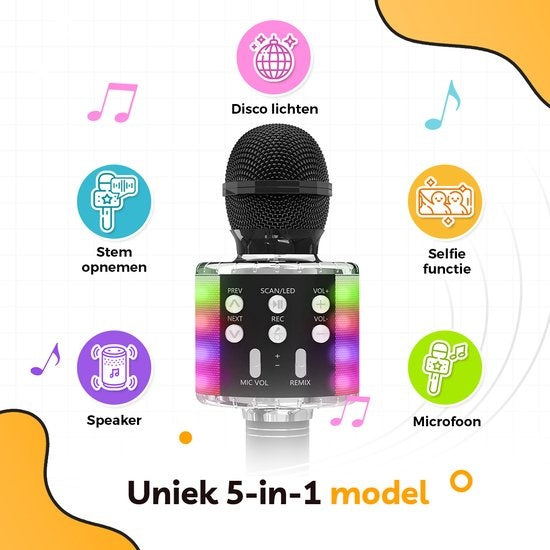 AyeKids 5-in-1 Karaoke Microfoon - Draadloos & Bluetooth – Ingebouwde Speaker & Disco Lichten – Incl. AUX-kabel - Microfoon Kinderen - Karaoke Set - Zwart