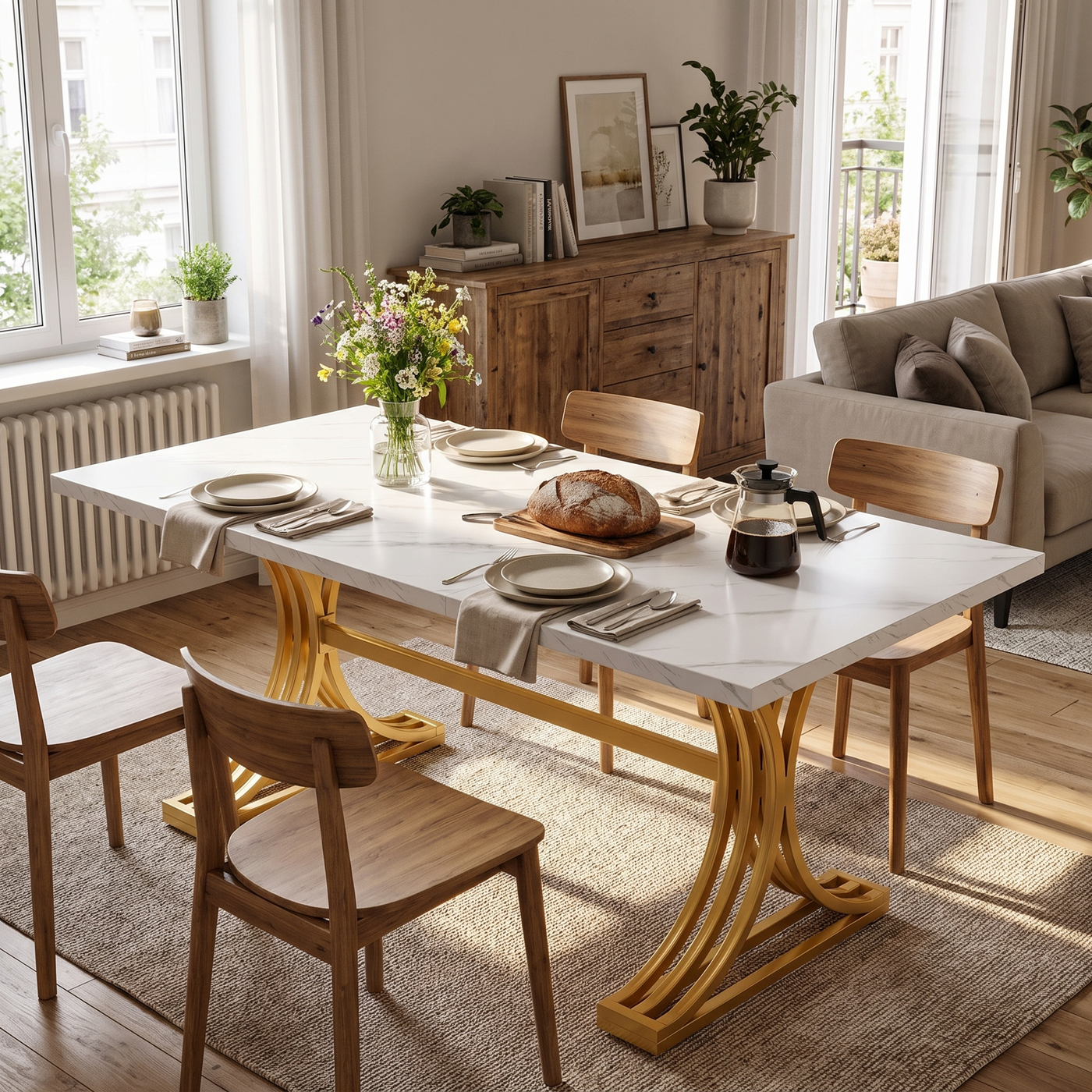 Lantine Vergadertafel 160 x 80 cm - Voor 4-6 Personen - Wit Kunstmarmer en Goud - Moderne Metalen Poten