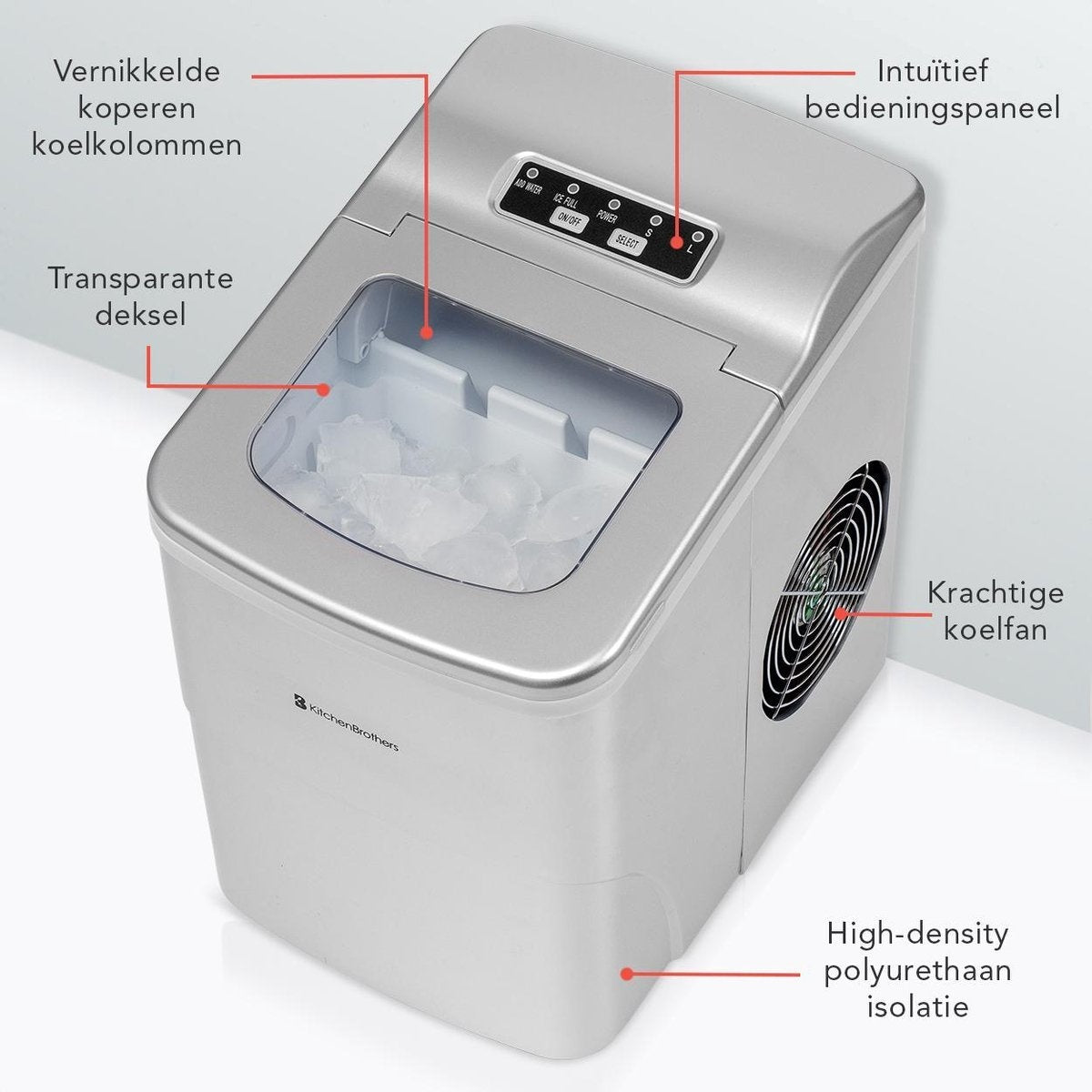 KitchenBrothers - IJsblokjesmachine inclusief ijsschep - 2 Liter - Zilver