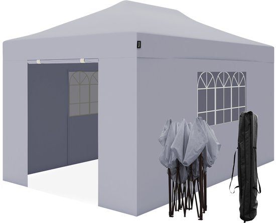 LifeGoods Partytent - Paviljoen - 3x4,5 m - Zijwanden - Easy Up - Opvouwbaar - Waterdicht - Draagtas met Wieltjes - Donkergrijs