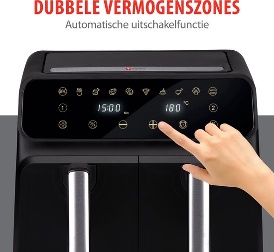 alpina Dubbele Airfryer XL 8L - Heteluchtfriteuse voor 4 tot 8 Personen - Inhoud 2x4L - Digitaal Display - Air Fryer 1700 W - Sync Finish Functie - Zwart