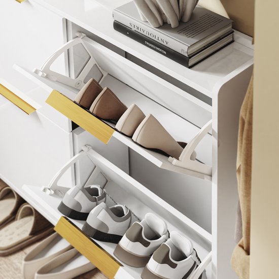 SoBuy FSR206-GW Schoenenkast Ingang – Ultradun 19 cm – Hoogglans Wit en Goud – Voor Hal, Gang, Kleine Ruimte, Met Kantelbeveiliging en Vloerbescherming – 100x19x88.5 cm