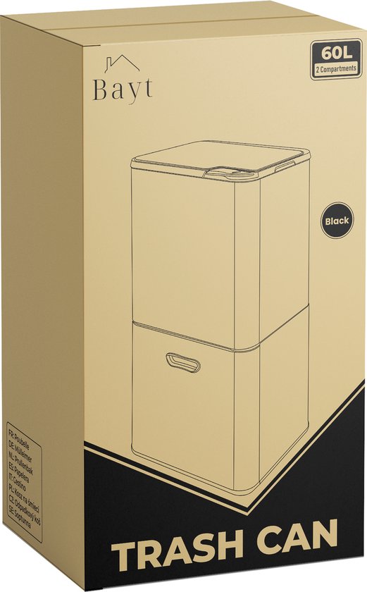 Bayt Prullenbak 60 Liter - Vuilnisbak 60 Liter - Prullenbak Afvalscheiding - 2 Compartimenten - RVS - Zwart