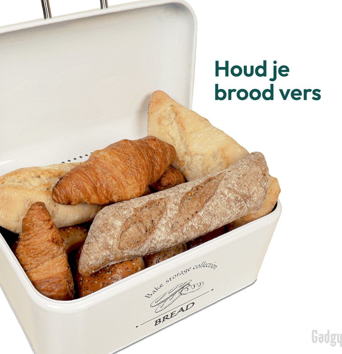 Gadgy Broodtrommel - Met Klepdeksel en Kruimelrek - Brooddoos - Off White - Metaal - Brood Bewaardoos