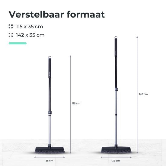 CLEANLY Bezem Binnen en Buiten met Telescopische Steel 115-142 cm - Borstel met Steel - Straatbezem - Kamerveger - Zaalveger - Zachte Bezem - Binnen Bezem - Breedte 35 cm - Zwart, Grijs