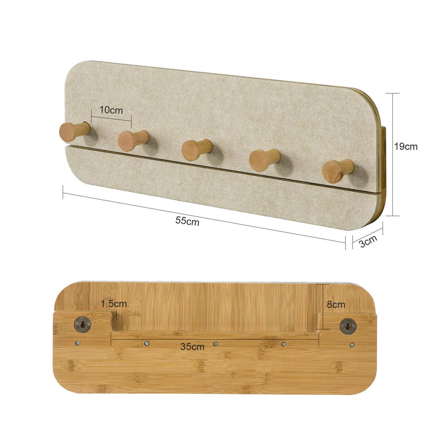 SoBuy Wandkapstok met 5 Haken - Bamboe en Vilt - 55 x 3 x 19 cm