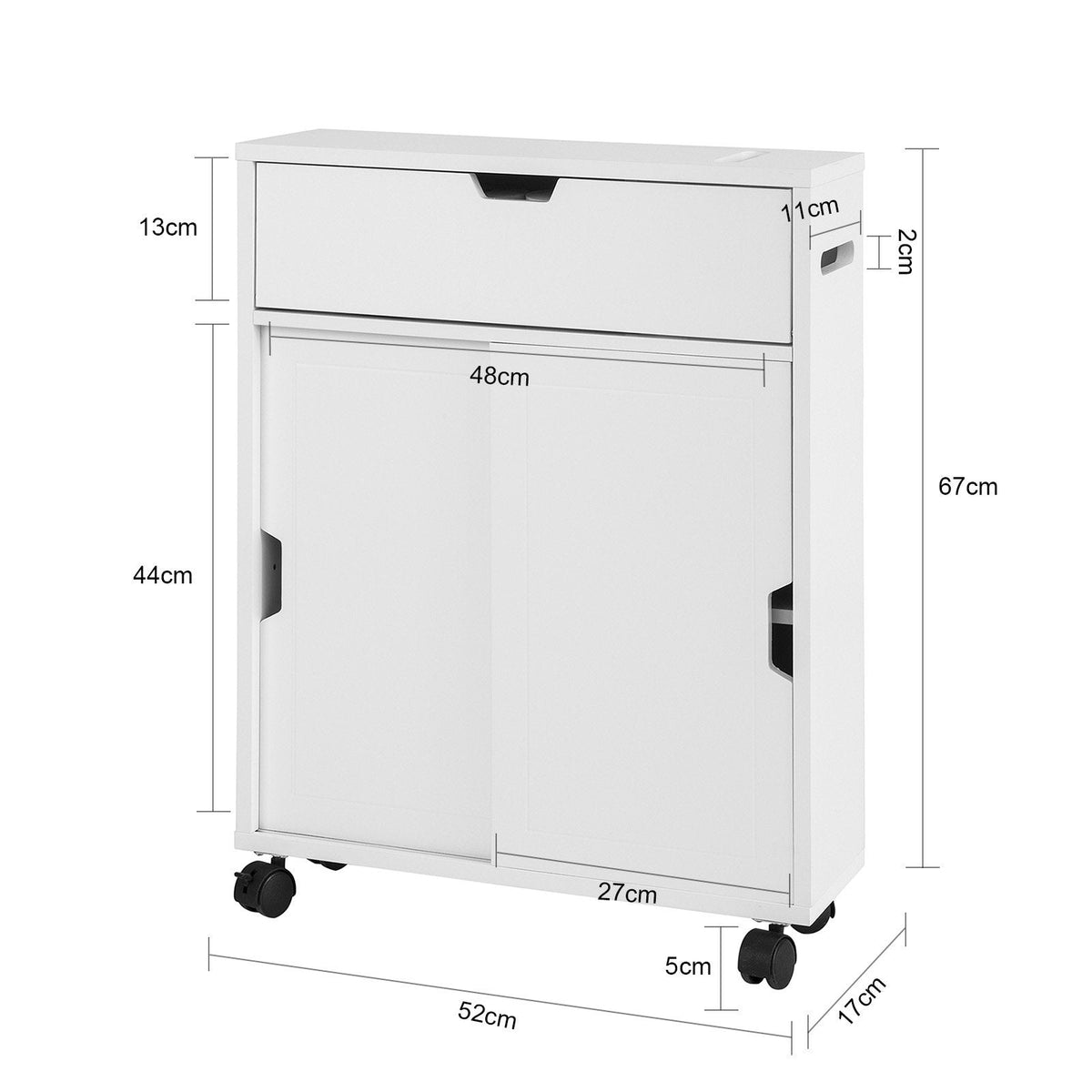 SoBuy BZR31-W Badkamerkast Met 2 Schuifdeuren en Lade - Met Wielen - 67 x 52 x 17 cm - Wit