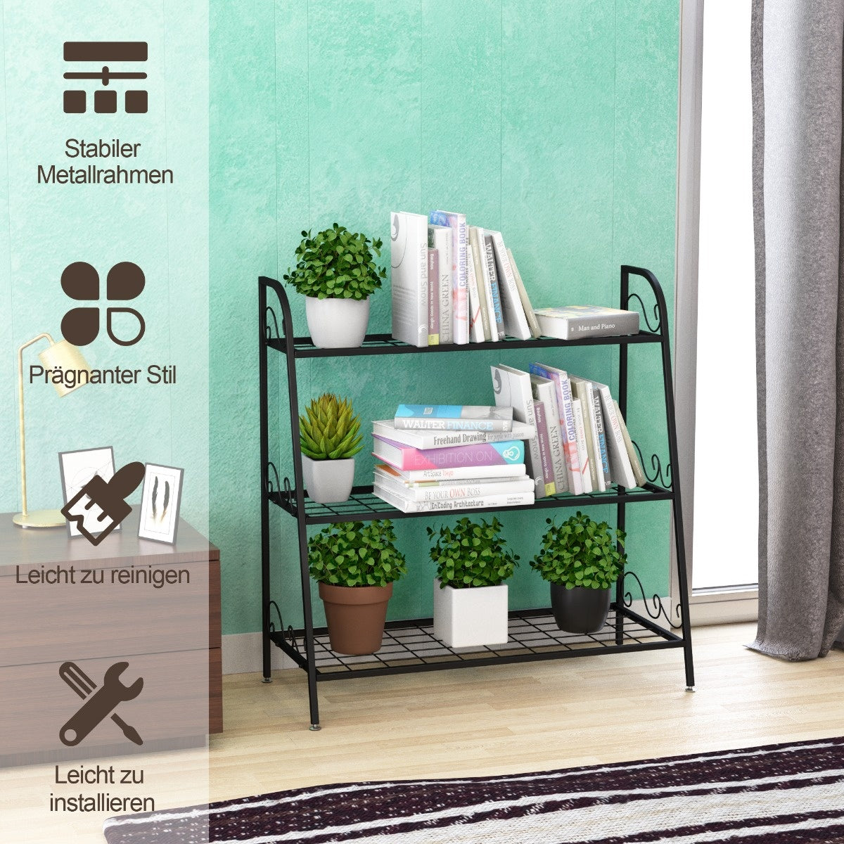 Coast Plantplank 3 verdiepingen tellende metalen plantenstandaard 81 x 35 x 82 cm zwart