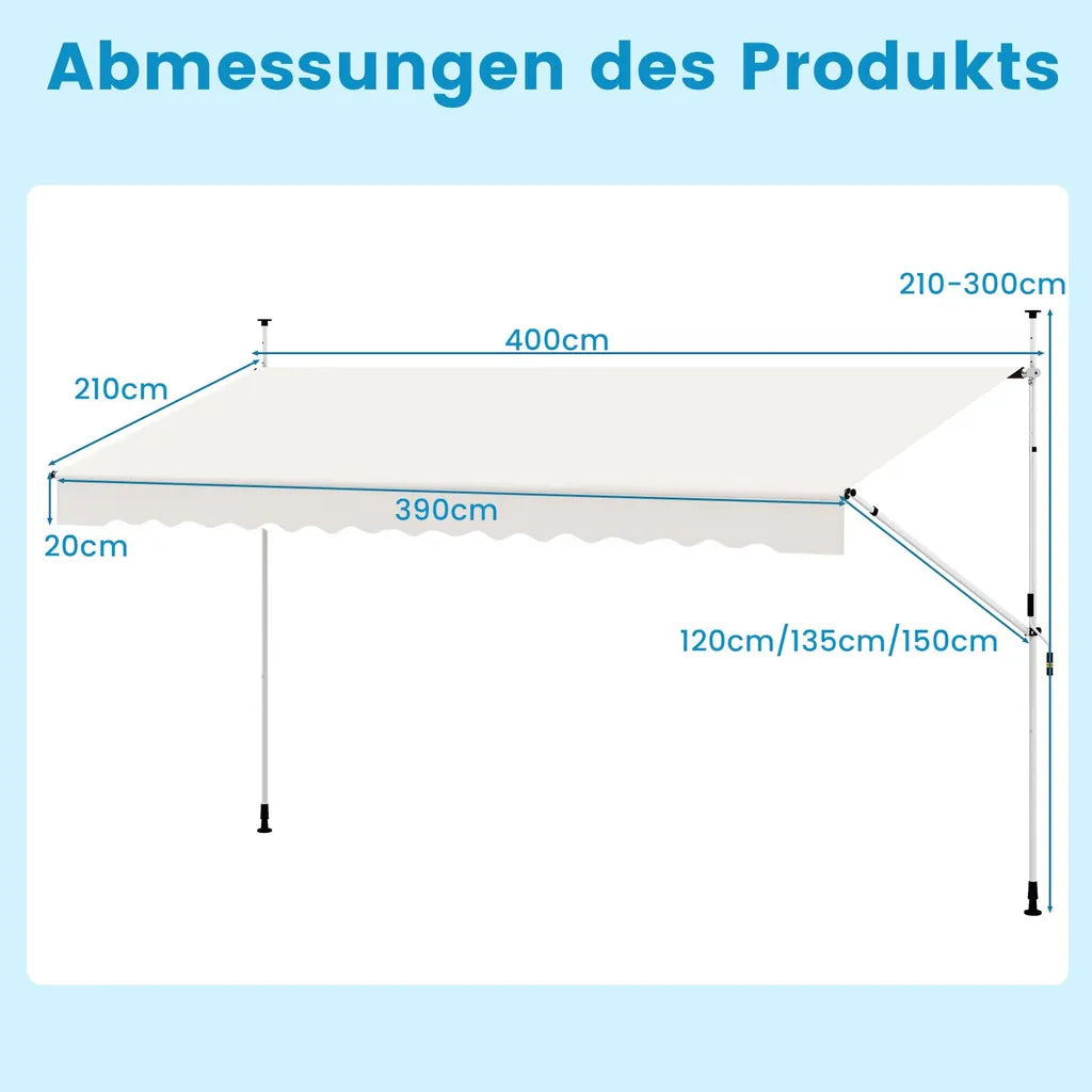 Coast Klemmarkise 400 × 120 cm - Wit - Boorvrije Balkon Zonwering met Handslinger en Verstelbare Hoogte