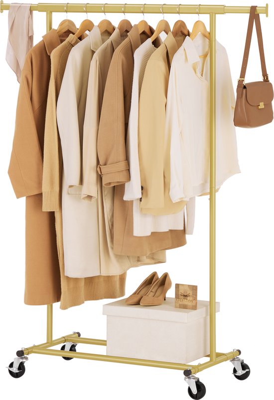 O'DADDY Kledingrek – Verstelbaar, 90 kg draagvermogen, met wielen – 132 x 49 x 160 cm – Goud