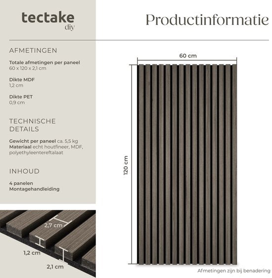 tectake® Akoestische Panelen - Set van 4 - Akoestisch Wandpaneel - 60 x 120 cm - 2,88 m² - Wandpanelen met Aanpasbare Grootte - Lattenwand van MDF en Houtfineer - Geluidsisolatie - Stijlvolle Wanddecoratie - Eenvoudige Montage - Eiken Grijs