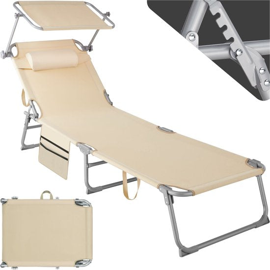 tectake® - ligbed Zonnestoel ligstoel - 4 standen , inklapbaar – beige - 68 x 190 x 28 cm, met zijvak