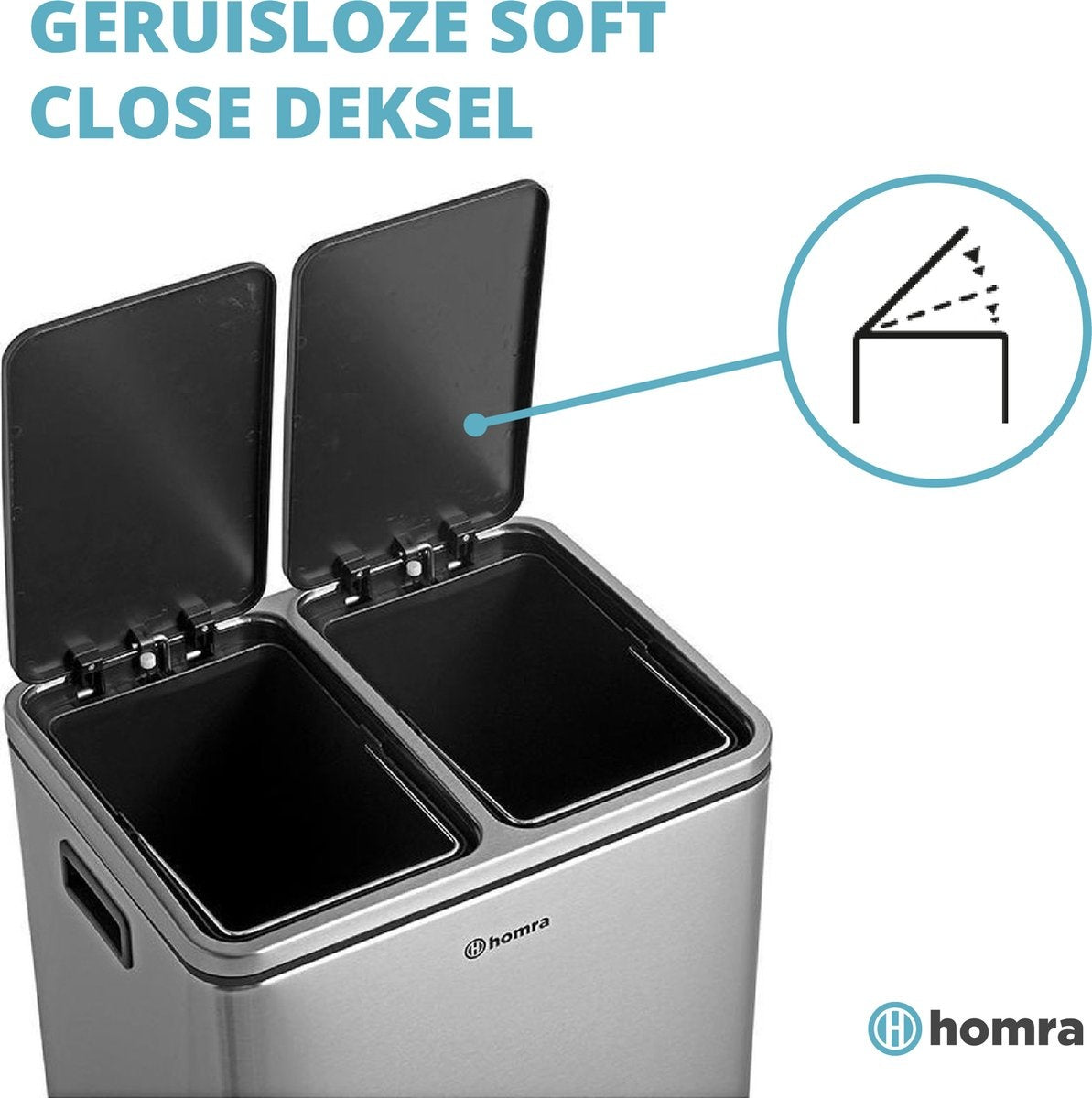 Homra BLINQ afvalscheiding prullenbak met 2 vakken - 2 x 15 L vuilnisbak - RVS duo Pedaalemmer - 2-vaks Afvalemmer 30 Liter - Hygiënisch Afval Scheiden - Keuken Vuilbak - Pedaal Afvalbak - Soft Close deksel - Recycle afvalbak