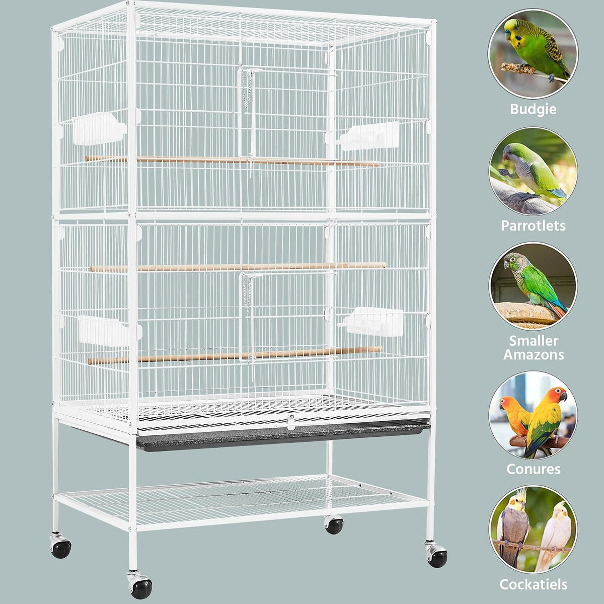 Yaheetech Vogelkooi met Standaard – 79 × 51,8 × 132 cm – Wit – Parkietenkooi met Wielen, 3 Houten Zitstokken en 4 Voederbakken