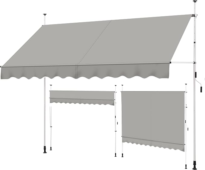 Yaheetech Uitschuifbaar Zonnescherm 300 cm - Lichtgrijs - Verstelbare Luifel zonder Boren voor Balkon en Terras