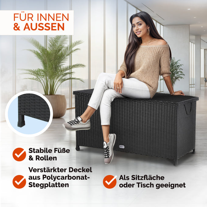 Casaria Polyrotan Kussenbox – Voorzien Van Twee Gasdrukveren En Waterdichte Binnenvoering En Twee Wielen – Voor Zitkussens En Tuinaccessoires – Zwart Gepoedercoat Staal – Honderdzeventien Lang En Drieënvijftig Breed En Zestig Hoog cm