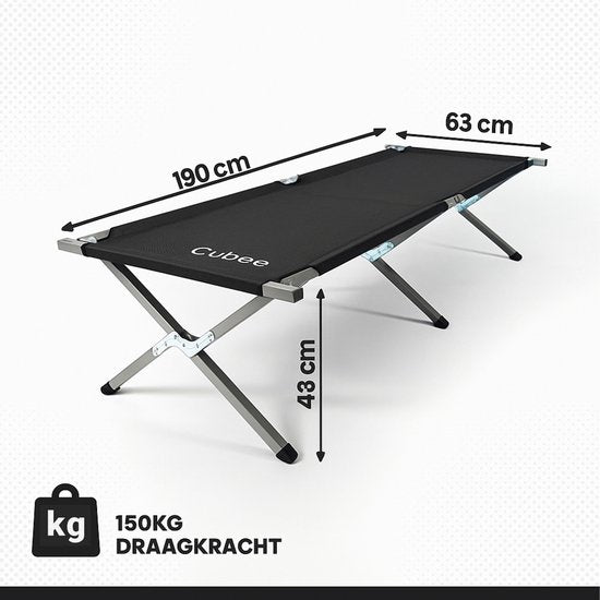 Outbee Veldbed - Kampeerbed - Stretcher - Opvouwbaar bed - Campingbed met draagtas - Draagkracht 150KG - 190 x 63 cm - Zwart