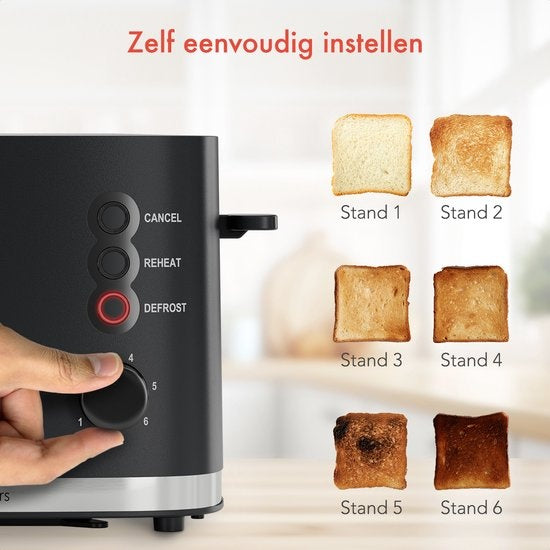 KitchenBrothers Broodrooster - Broodrooster - 6 Warmteniveaus - 2 Extra Brede Sleuven - 870W - Zwart