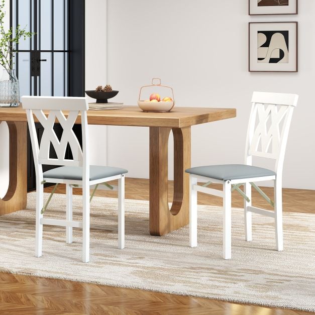 Coast Set van 2 Inklapbare Eetkamerstoelen Armloze Stoelen met Lattenrugleuning en Gestoffeerd Kussen - Rubberhout - 41 x 53 x 91 cm - Wit