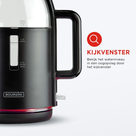 Bourgini Glazen Waterkoker - Mat Zwart - Snoerloos te gebruiken - Gemakkelijk vullen door deksel - ruime 1.5L inhoud - BPA vrij