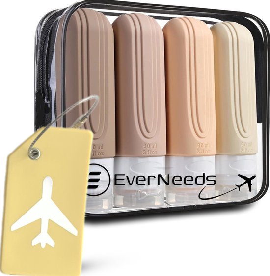 EverNeeds Reisflesjes Met Etui - Navulbaar - Siliconen Reisflesjes Handbagage - Crème - 4 Stuks