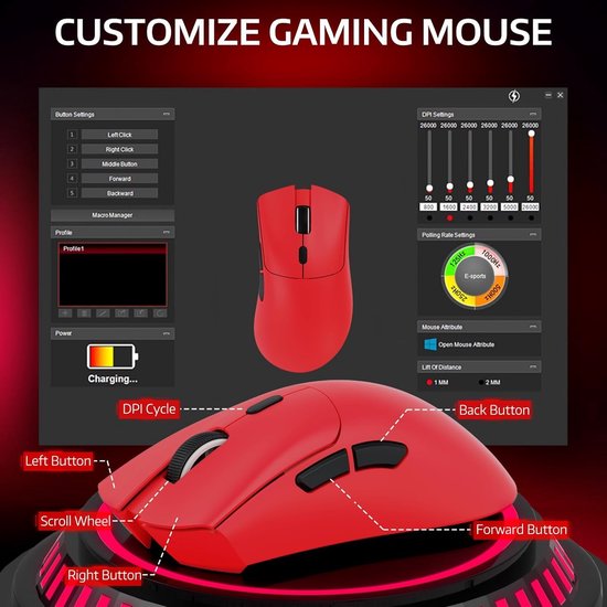 ATTACK SHARK R1 Superlight Gamingmuis 59g – Rood – 12,2 × 6,4 × 3,8 cm – Draadloos & Bedraad – Tot 18.000 DPI – 65 Uur Batterijduur