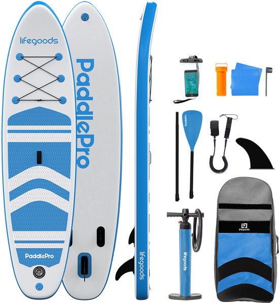 LifeGoods PaddlePro SUP Board - Opblaasbaar Paddle Board - Complete Set - Max. 135KG - 320x81cm - Wit/Sky Blue