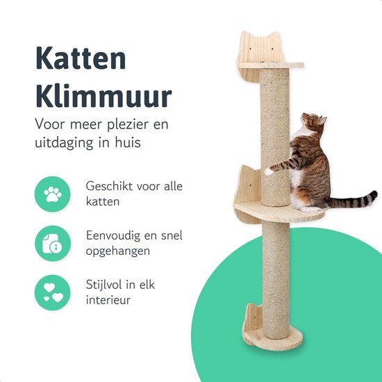 Katten klimmuur - Krabpaal - 2 Plateaus - Katten klim wand - Muur - Klimmuur kat - Voor grote katten - Klimwand - complete set